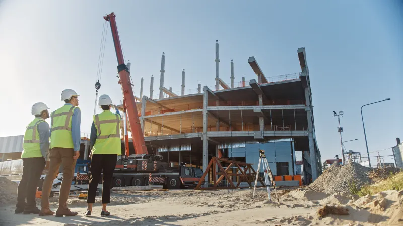 a group of men wearing hardhats and reflectors standing in front of a construction site