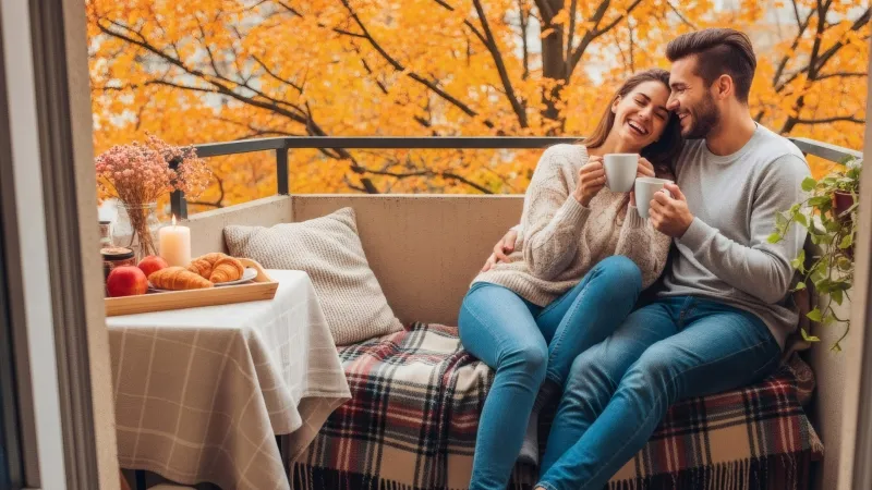 Couple enjoying coffee on cozy balcony with autumn leaves and warm blankets in the background.