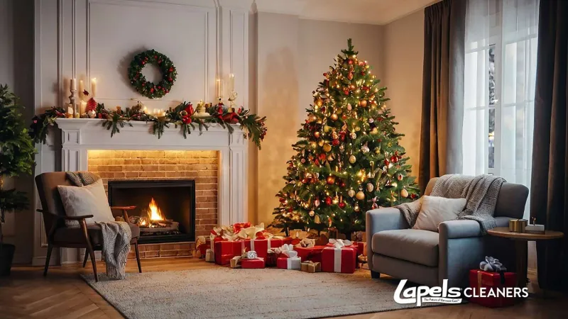 Cozy living room with decorated Christmas tree, wrapped gifts, lit fireplace, and holiday wreath above mantel.