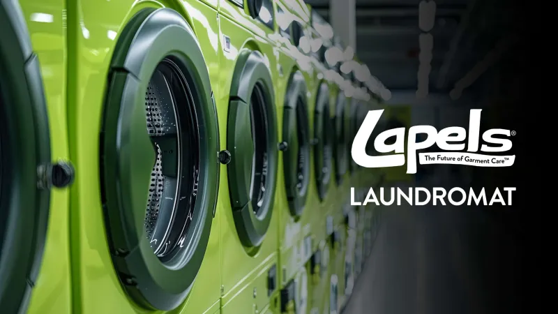 Row of green front-loading washing machines in a laundromat with Lapels logo on the right side.