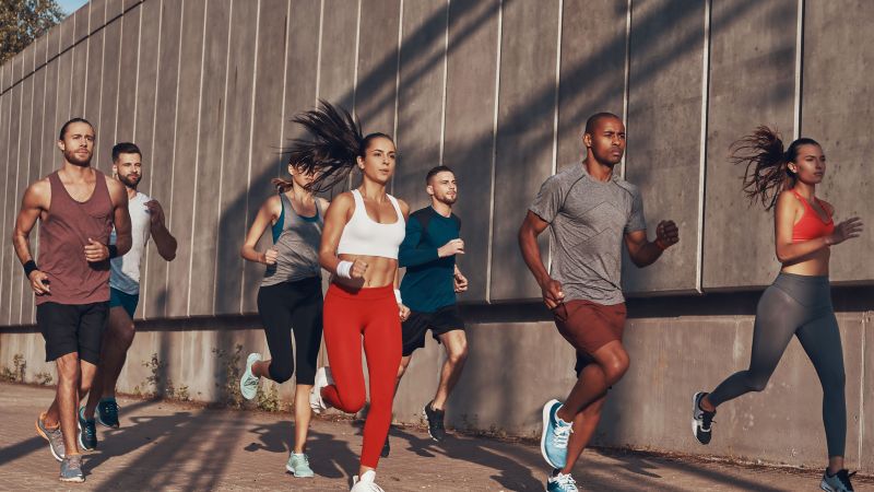 a group of people running