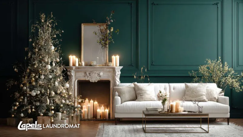 Elegant living room with dark green walls, white sofa, decorated Christmas tree, and candles on fireplace and table.