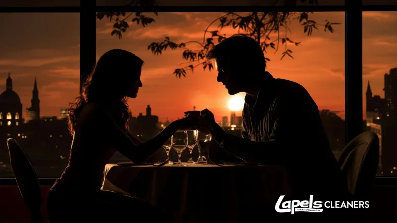 Silhouetted couple holding hands at a table with glasses against a vibrant sunset cityscape backdrop.