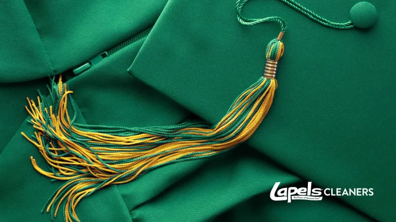 Green graduation cap with yellow and green tassel on fabric background featuring Lapels Cleaners logo.