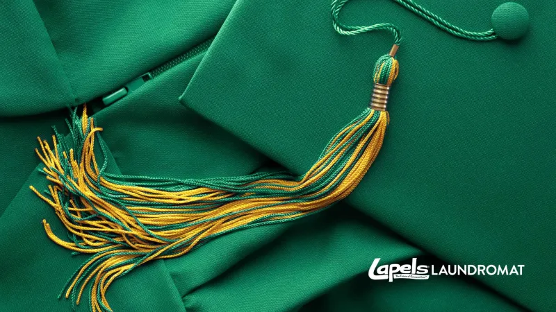 Green graduation caps with gold and green tassels close-up, symbolizing academic achievement and celebration