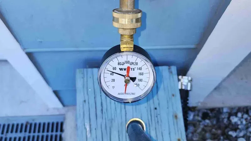 Pressure gauge attached to a pipe with yellow valve against a blue wall, showing a measurement around 100 PSI.