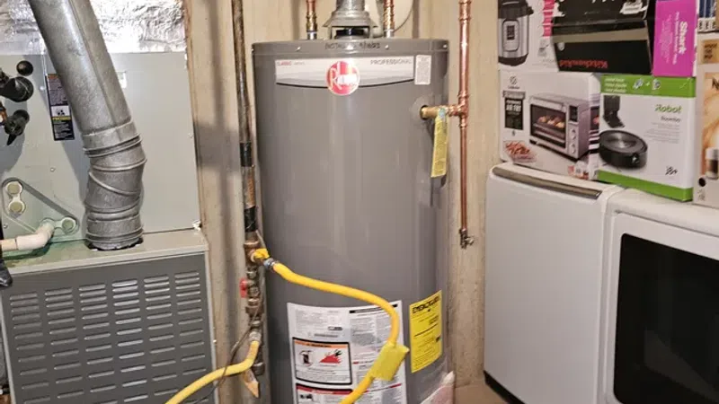 Basement utility area with water heater, furnace, copper pipes, and stacked kitchen appliance boxes.