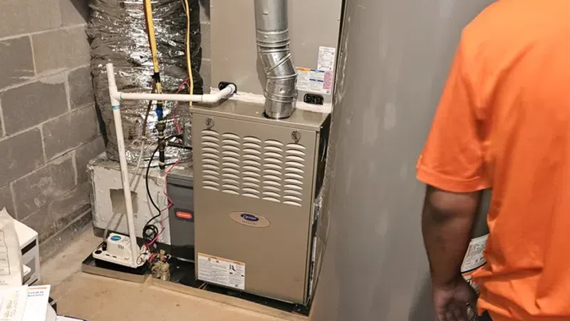 Technician inspecting a furnace and water heater in a basement utility room with insulated ductwork.