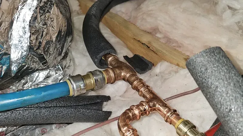 Copper plumbing fittings connecting insulated red, blue, and white pipes in an attic with insulation and wooden beams.