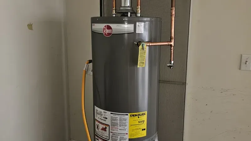 Gray Rheem water heater installed in a basement corner with copper pipes and yellow energy guide label.