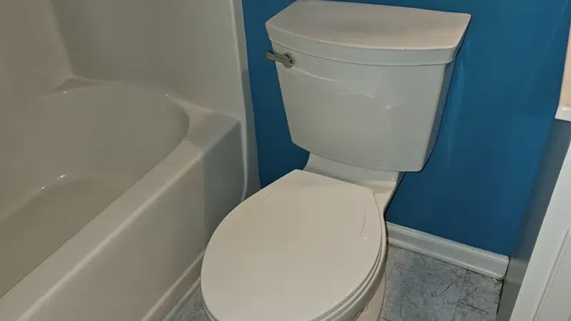White toilet next to a bathtub in a bathroom with blue painted walls and marble tile floor.