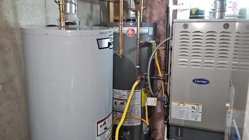 Residential basement showing water heaters and HVAC system with exposed copper piping and insulation.