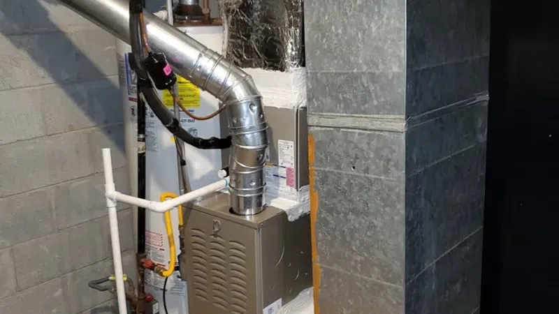 Residential furnace and ductwork installation in a basement with concrete walls and floor, showing pipes and ventilation.