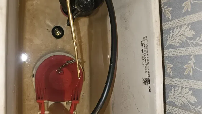 Inside view of a toilet tank showing water, red flapper valve, fill valve, and connecting brass rod mechanism.