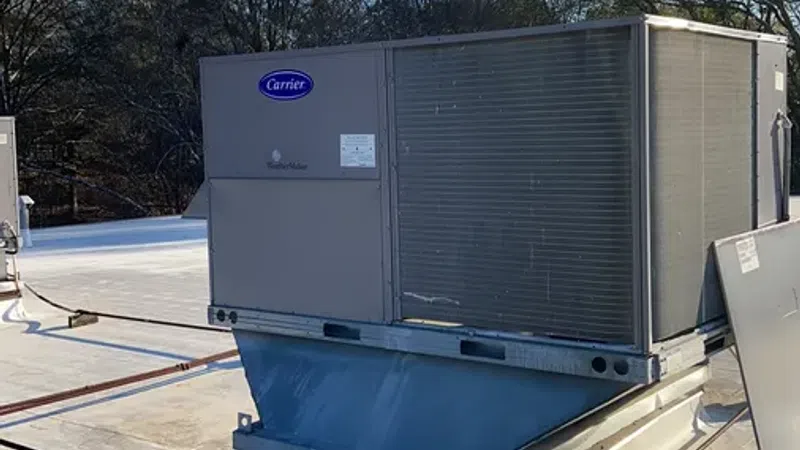 Commercial rooftop HVAC unit by Carrier installed on a flat roof under clear blue sky with trees in background.