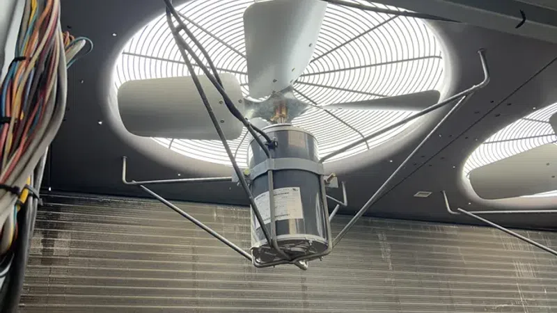 Industrial ceiling fan with metal blades and surrounding wiring in a mechanical room.