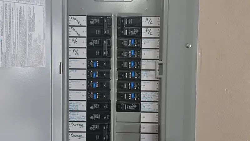 Open gray electrical panel with labeled circuit breakers mounted on a beige wall in a residential setting.