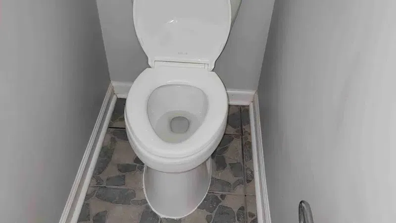 Small bathroom with white toilet, open lid, gray walls, and decorative stone-patterned tile floor with toilet paper holder.