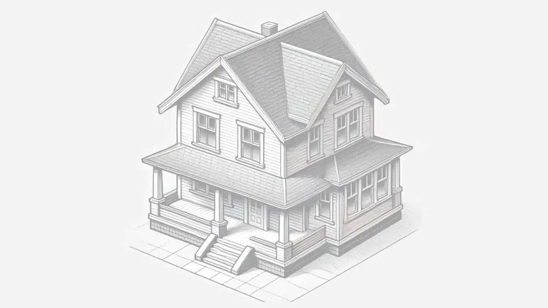 Detailed grayscale 3D illustration of a two-story house with porch, stairs, and multiple windows viewed in perspective.