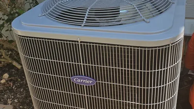 Outdoor Carrier brand air conditioning unit installed next to house with surrounding plants and soil.