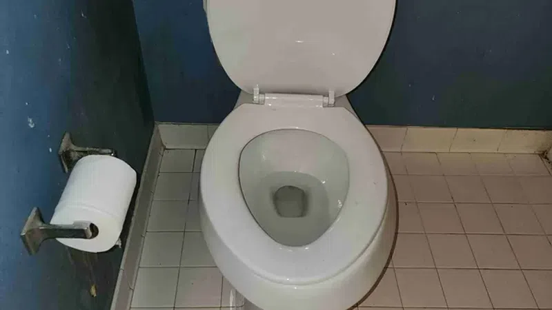 White toilet with open lid next to a toilet paper roll against blue walls and tiled floor.