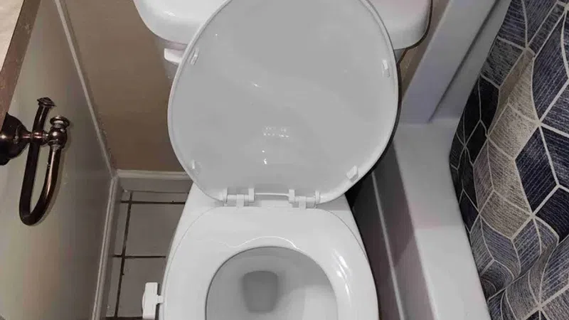 Top view of a white toilet with open lid in a small bathroom next to a bathtub with a patterned shower curtain.