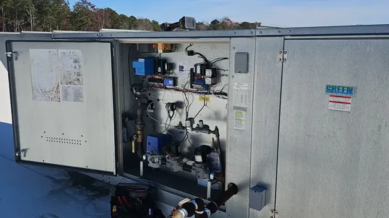Open industrial HVAC system control panel with pipes and wiring on a rooftop under a clear blue sky.