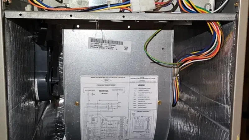Open HVAC furnace compartment showing multicolored wiring, control board, blower motor, and insulation lining