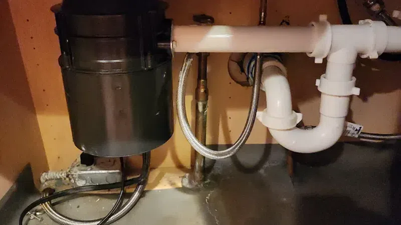 Under sink plumbing showing a garbage disposal unit connected to white PVC pipes and metal hoses.