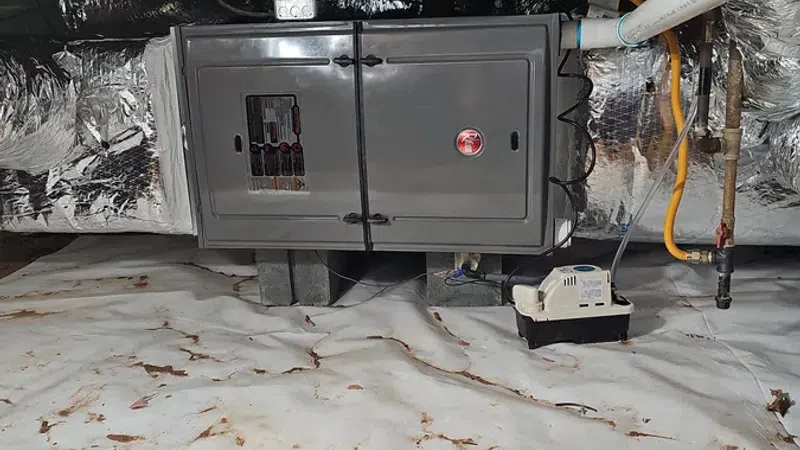 HVAC system with insulated ductwork and a sump pump installed in a crawl space with a plastic vapor barrier on dirt floor.