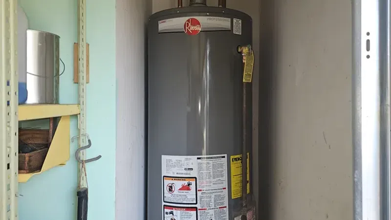 Gray Rheem water heater installed in a small utility closet with fire extinguisher nearby.