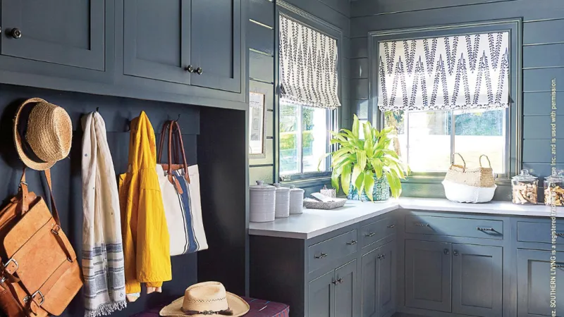 a kitchen with a red countertop and a red countertop