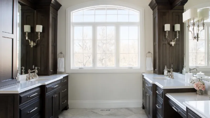 a large kitchen with a large window