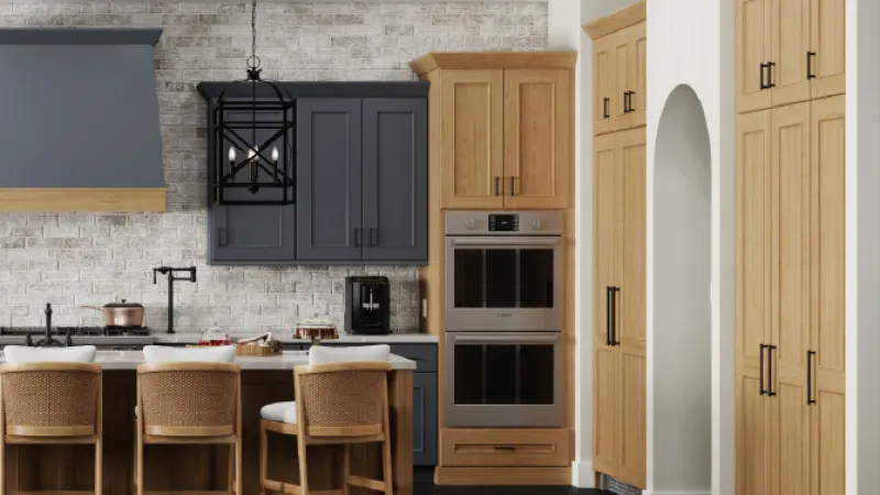 a kitchen with wooden cabinets