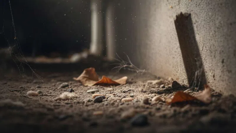 Close-up of dry leaves and dust on a dirt floor with cobwebs and dim light in a rustic indoor space.