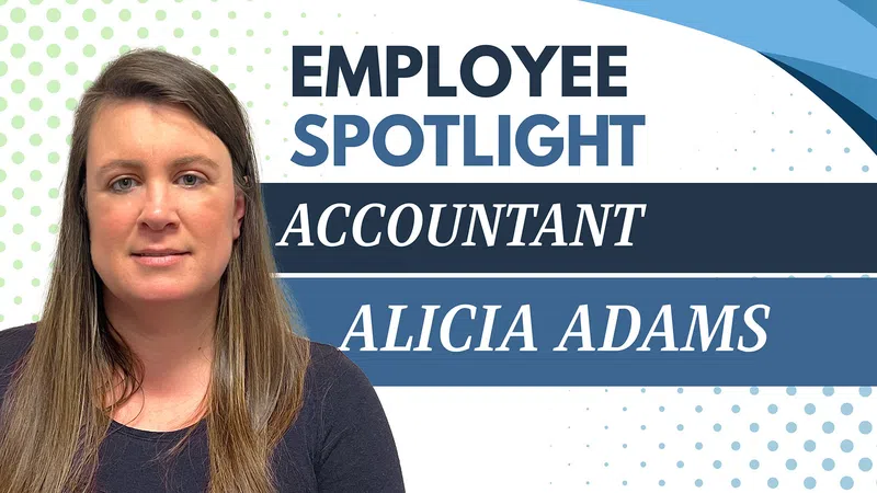 Employee spotlight featuring accountant Alicia Adams with blue and green dotted background design
