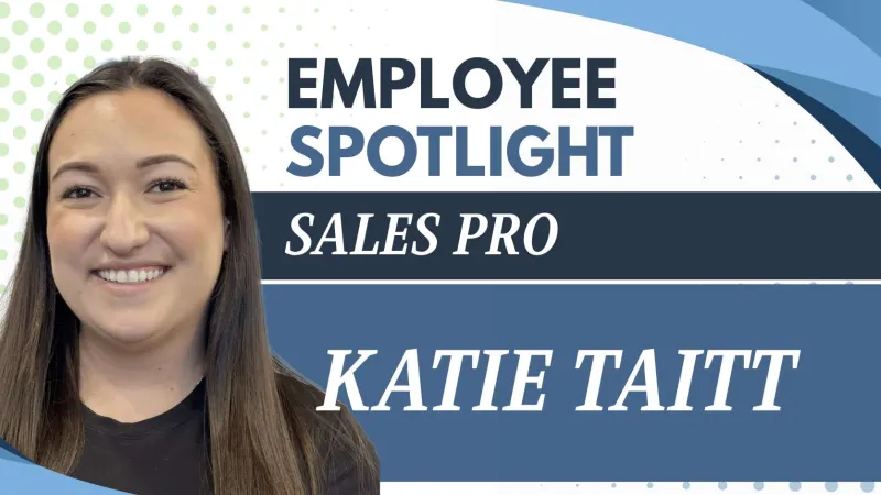 Smiling woman featured in employee spotlight as sales professional with blue and white graphic background