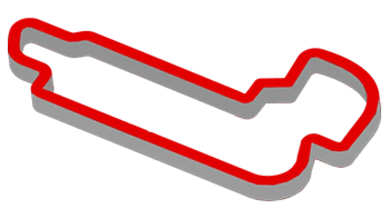 Red and gray 3D outline of a race track with straight sections and sharp turns isolated on black.