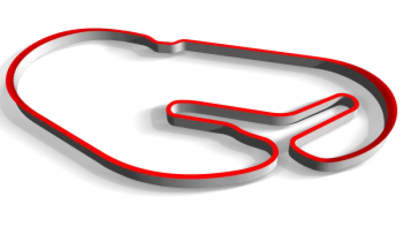 3D racetrack layout with a red and white border on a black background showcasing curves and straights.