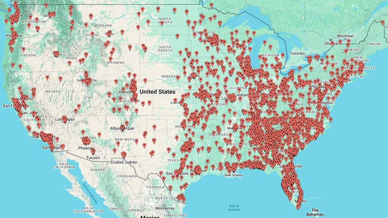 United States map densely marked with red location pins showing widespread data points or activity sites.