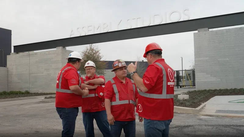 Four construction workers in red safety vests and helmets standing and talking outside Assembly Studios entrance.