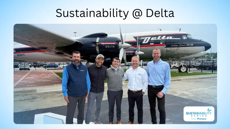 Five men standing in front of a vintage Delta airplane with Sustainability @ Delta text and logo