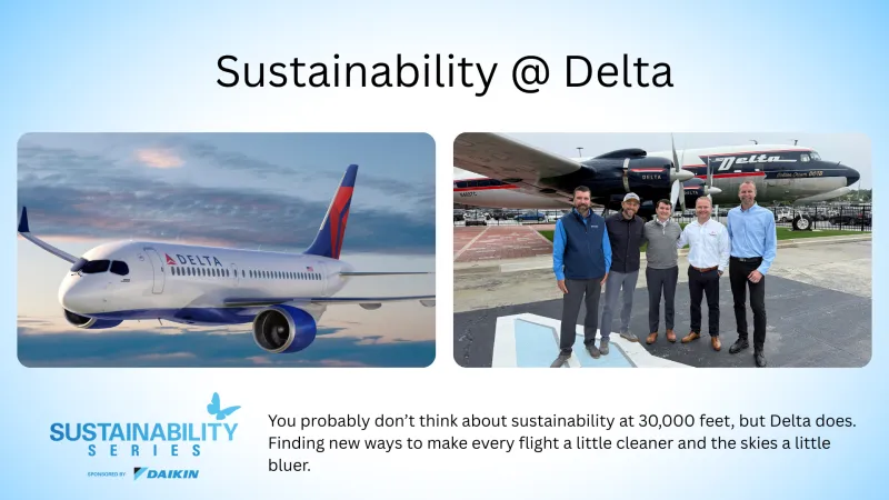Delta airplanes in flight and on ground with team posing, highlighting Delta's commitment to sustainability in aviation.