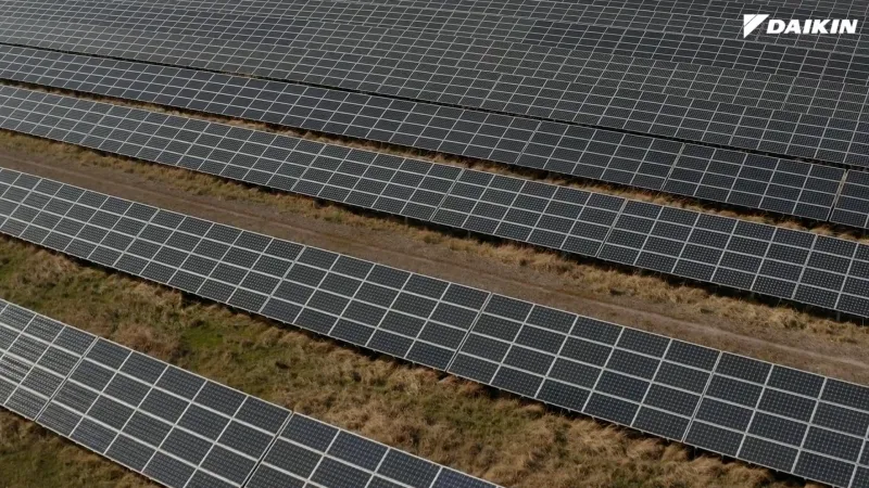 Aerial view of large solar panel arrays installed on dry grassy land under natural sunlight.