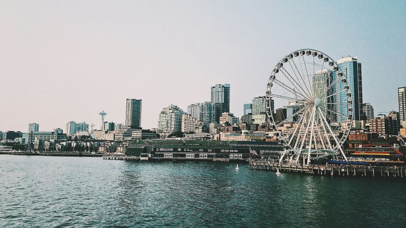a body of water with a ferris wheel in the background