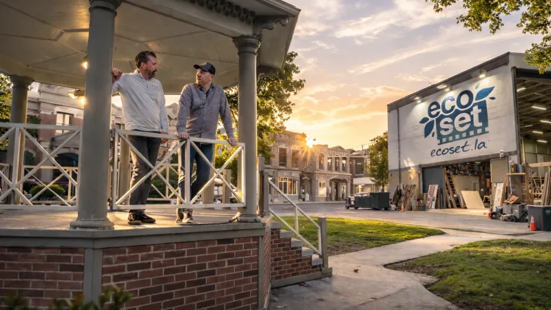 Two men talk on a brick gazebo near a large building with an EcoSet sign at sunset in a film studio backlot.