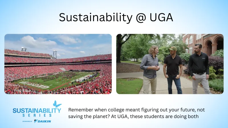 Crowded UGA football stadium and three students discussing sustainability outdoors on campus