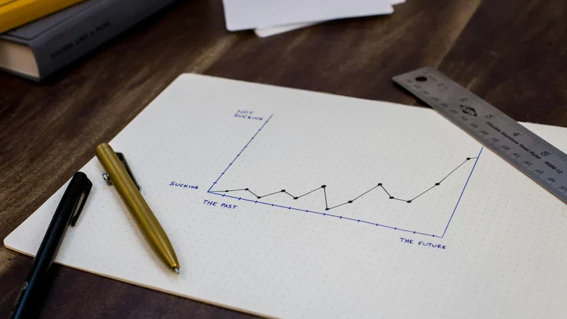 Hand-drawn line graph on dotted paper with pens and metal ruler on wooden desk showing past and future trends.