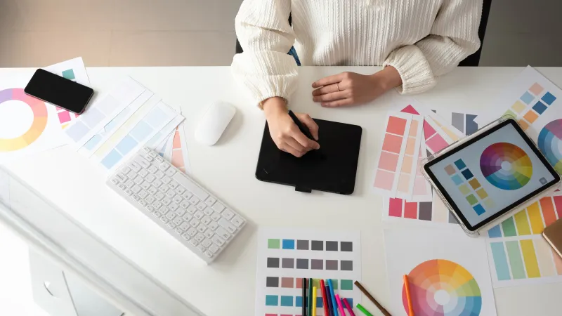 Designer using a digital tablet and color swatches at a white desk with keyboard and tablet showing color wheels
