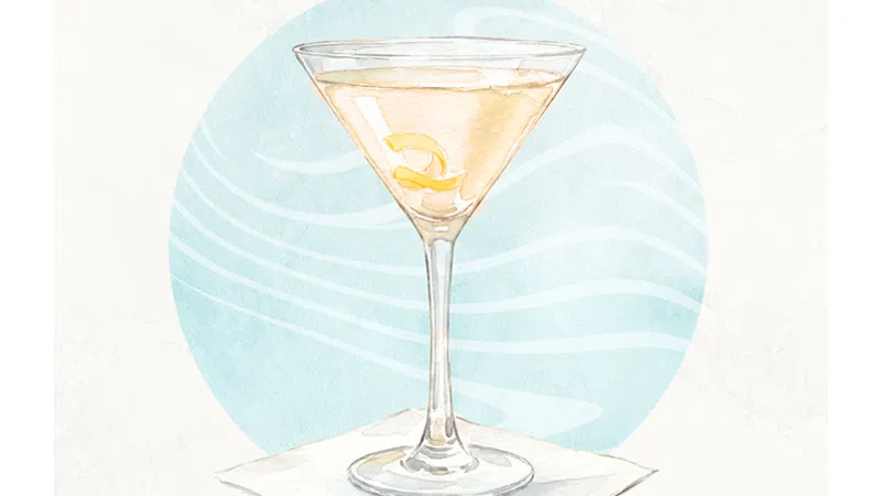 Illustration of a martini glass with a lemon twist on a white napkin against a blue circular background.